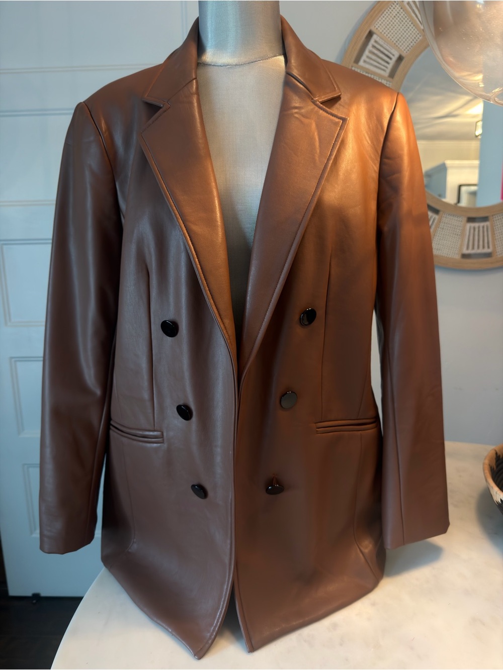 Bar III Brown Double-Breasted Faux Leather Blazer